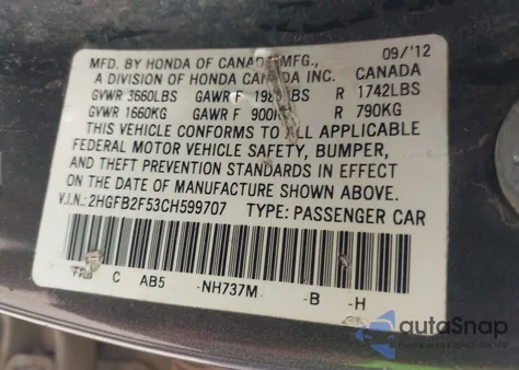 2012 Honda Civic Lx z USA, uszkodzony, nr VIN 2HGFB2F53CH599707